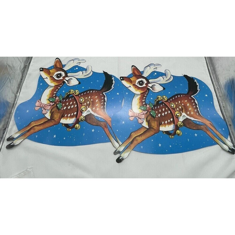 Vintage Lot of 2 Flying Reindeer Christmas Cardboard Die Cut Wall Hanging